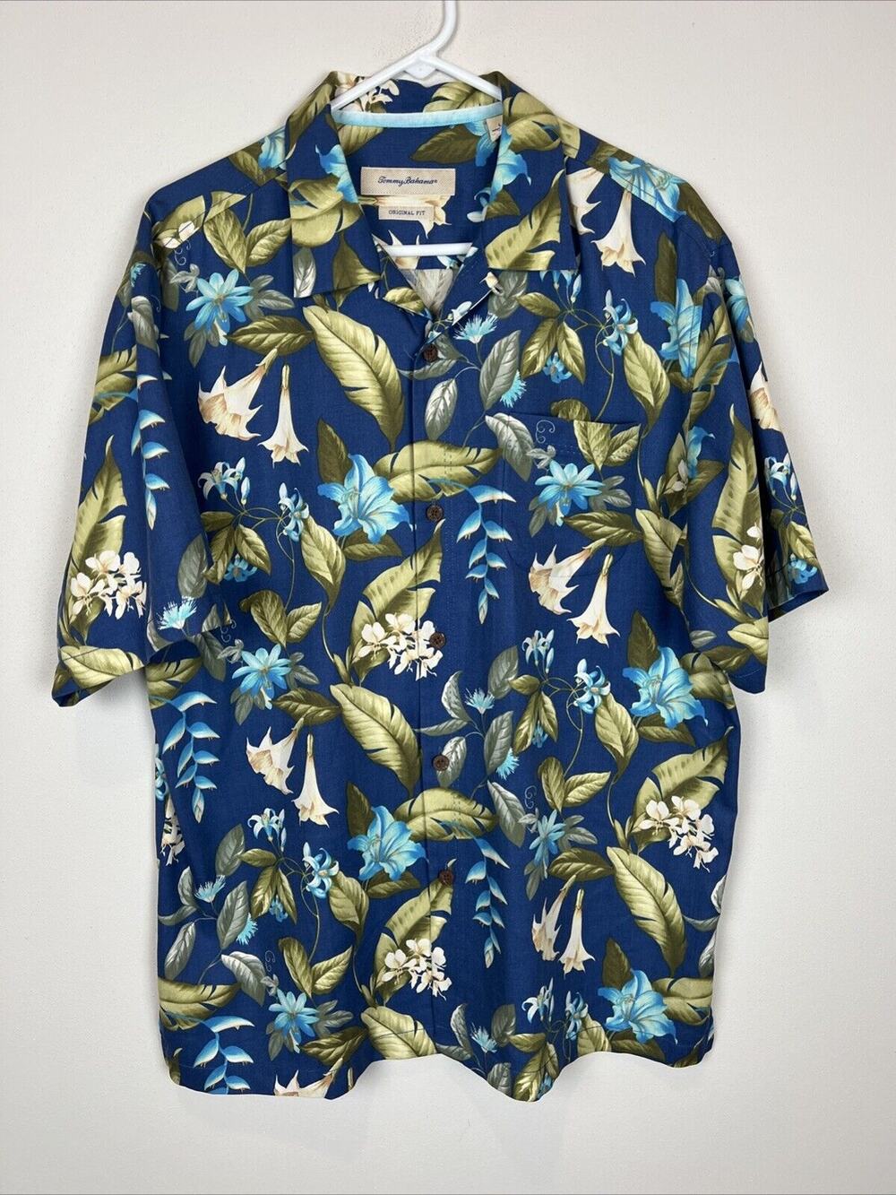 TOMMY BAHAMA BRIGA BLOOMS Hawaiian MEN'S CAMP SHIRT SILK Blue Size L